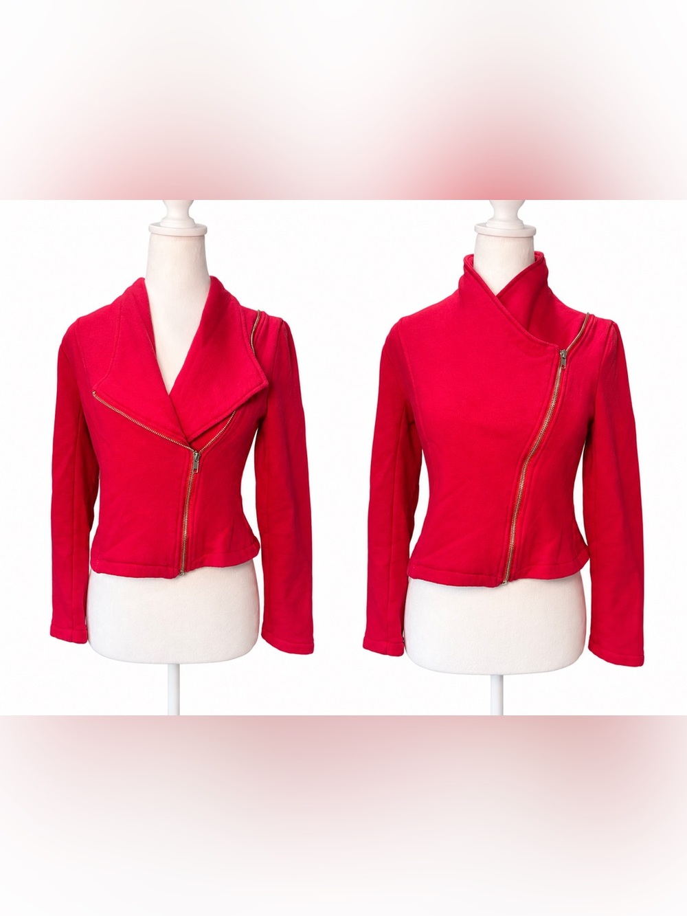 Forever 21 Womens Small Red Knit Moto Jacket Asymmetrical Zip Fleece Lined